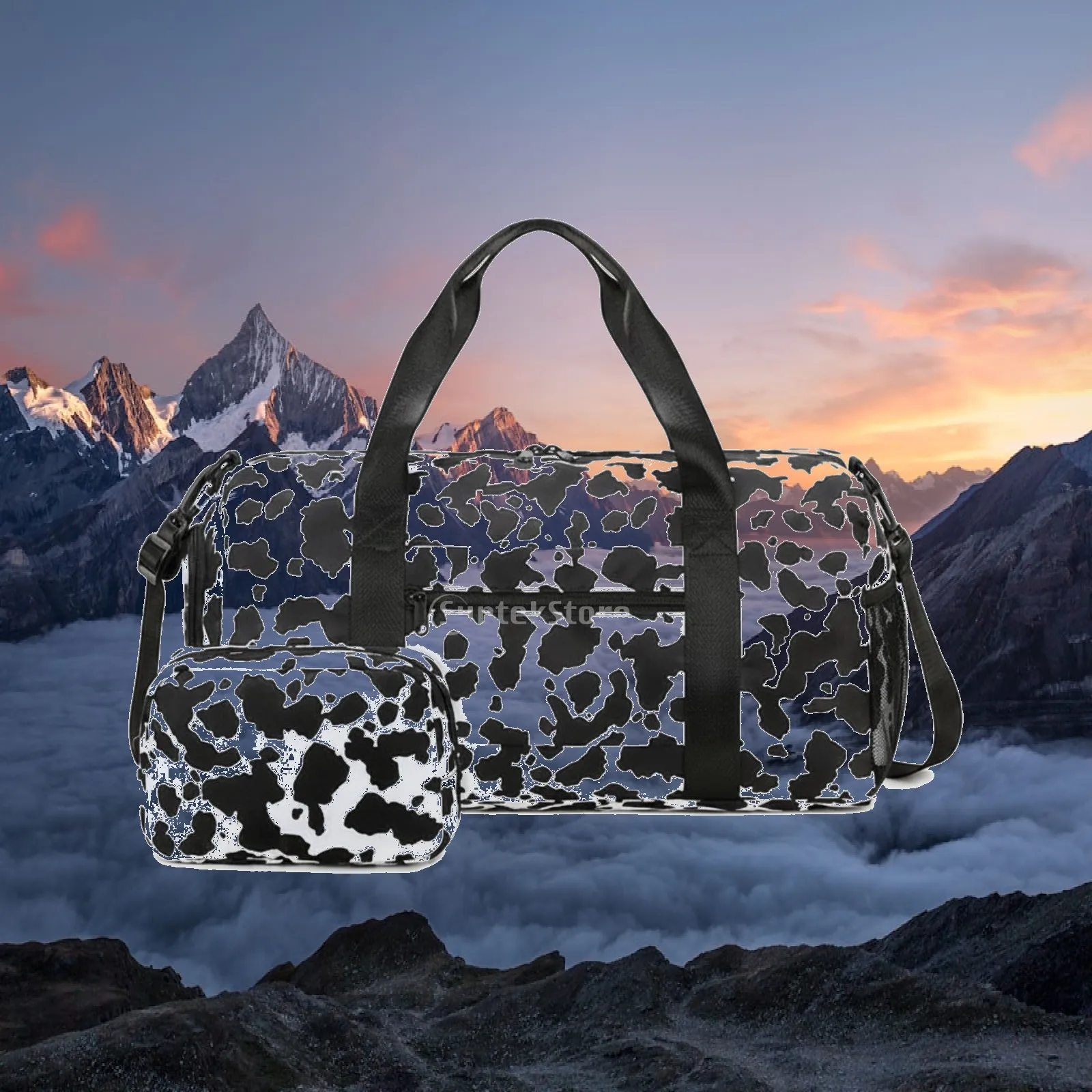 2 Pieces Multiple Pockets Travel Bag Set Soft-Sided Cow-Print Duffel Bag
