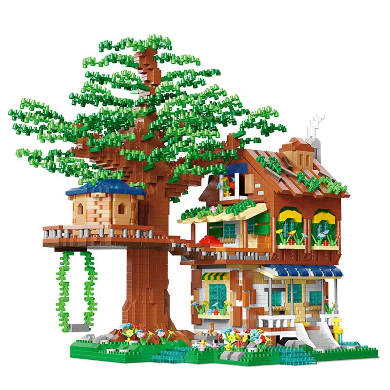 4076pcs Morning Tree House Building Blocks Forest Cabin Villa Garden Swing Architecture Model Micro Assemble Bricks Toy For Kids