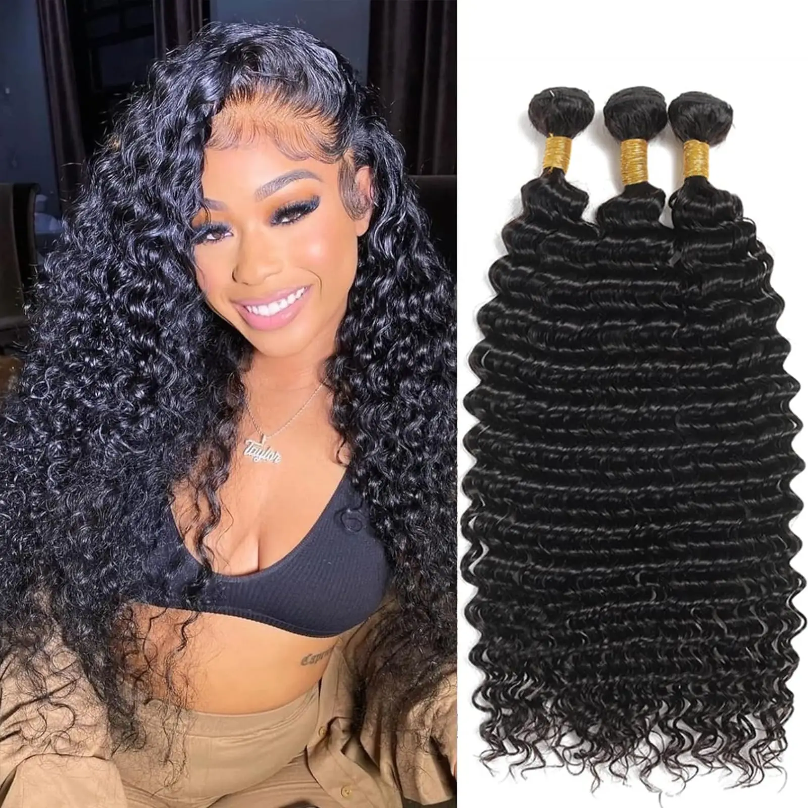

Brazilian Natural Black Deep Wave Human Hair Bundles Curly 1/3/4 Options Remy 100% Human Hair for Wig/Women's Hair Extensions