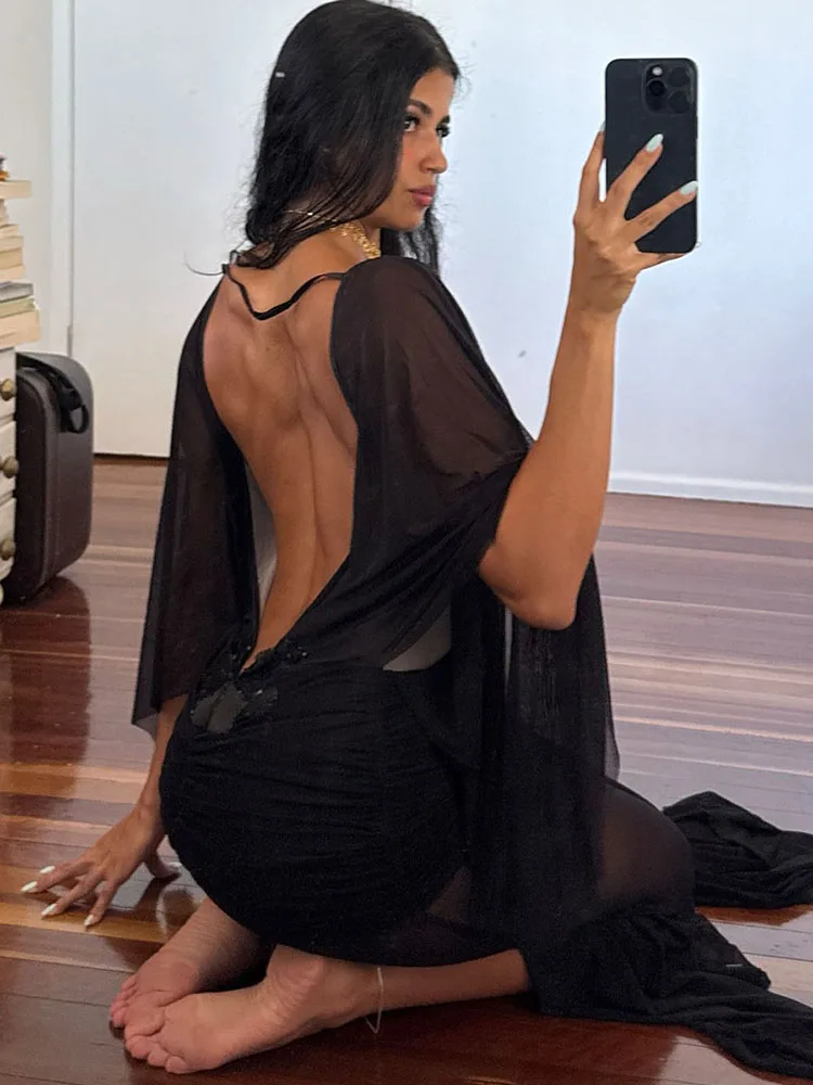 Estranho gato sem costas borboleta vestido feminino dupla camada retalhos ruched manga cheia estiramento magro clubwear festa maxi bodycon