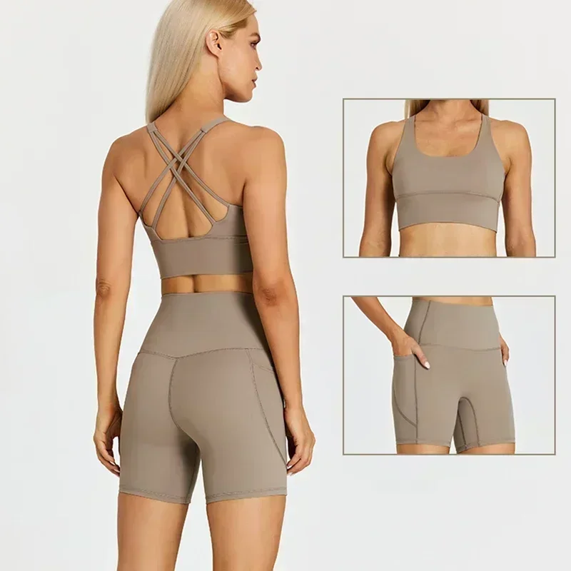 Lemon Women Pockets Yoga Shorts Set Women Fitness Suit 2 Piece Sports Gym Wear Workout Clothes Running Sportswear Sport Outfit