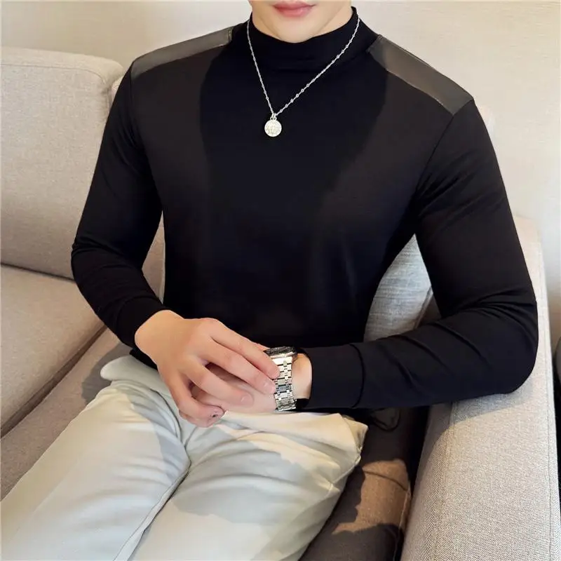 High-quality PU Splicing Long Sleeve T-shirt Men Fashion Half High Collar Elastic Slim Cotton Basic Base Shirt Social Streetwear