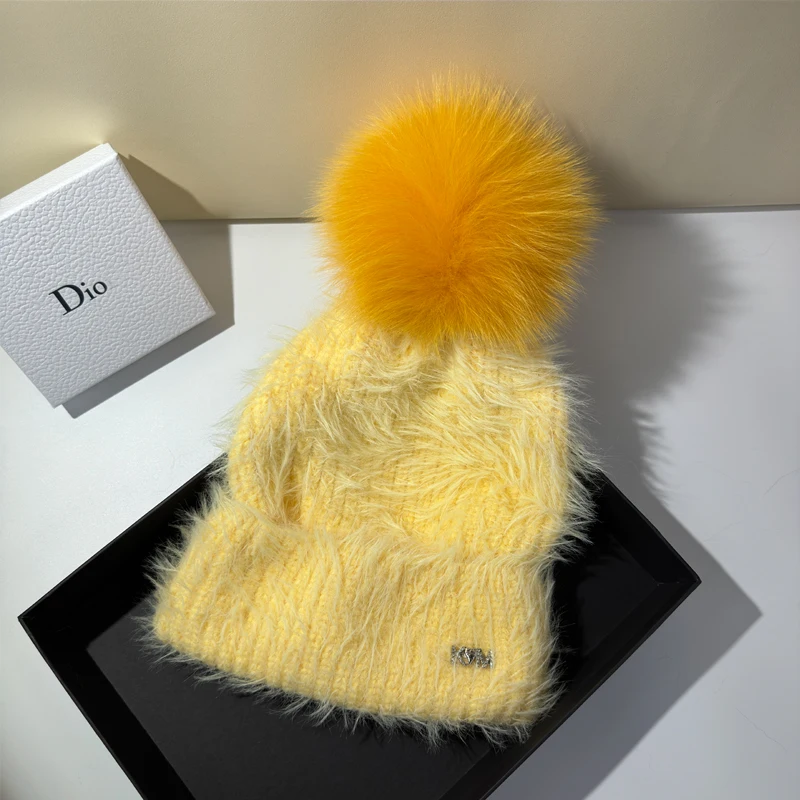 24 new high-end imitation mink fur long knitted hat with feminine temperament real fox fur ball super soft knitted yarn hat