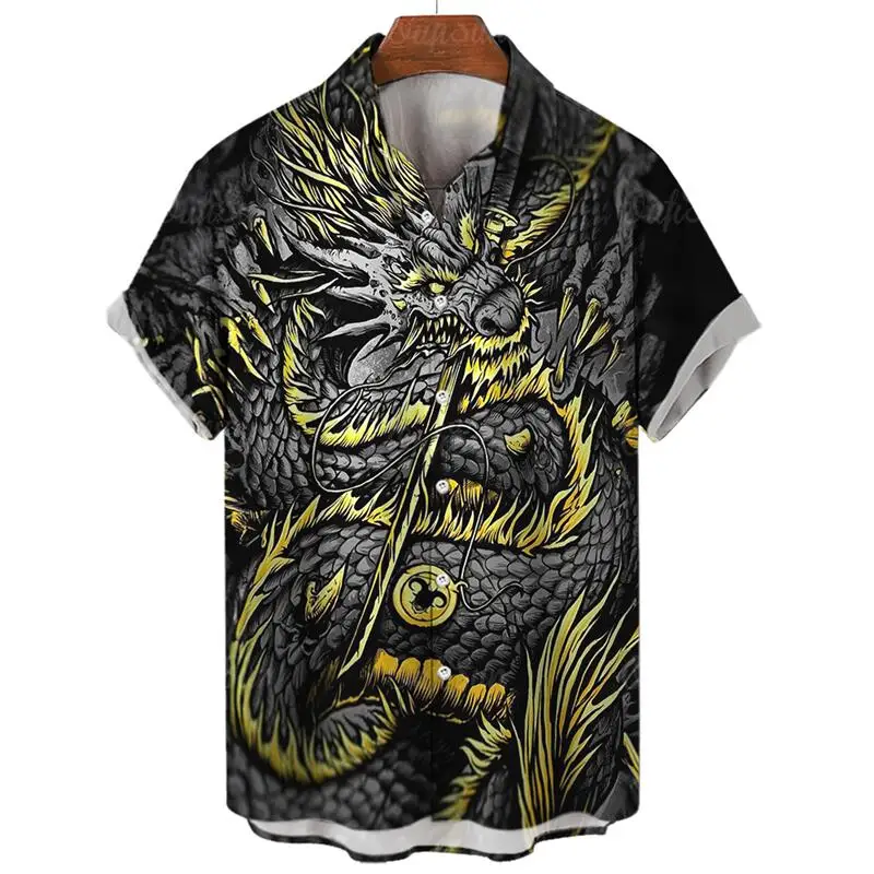 Men\'s Fashion Harajuku Casual Short Sleeve Social Vintage Hawaiian Floral Summer Shirt Dragon Printed Beach Cartoon Clothing