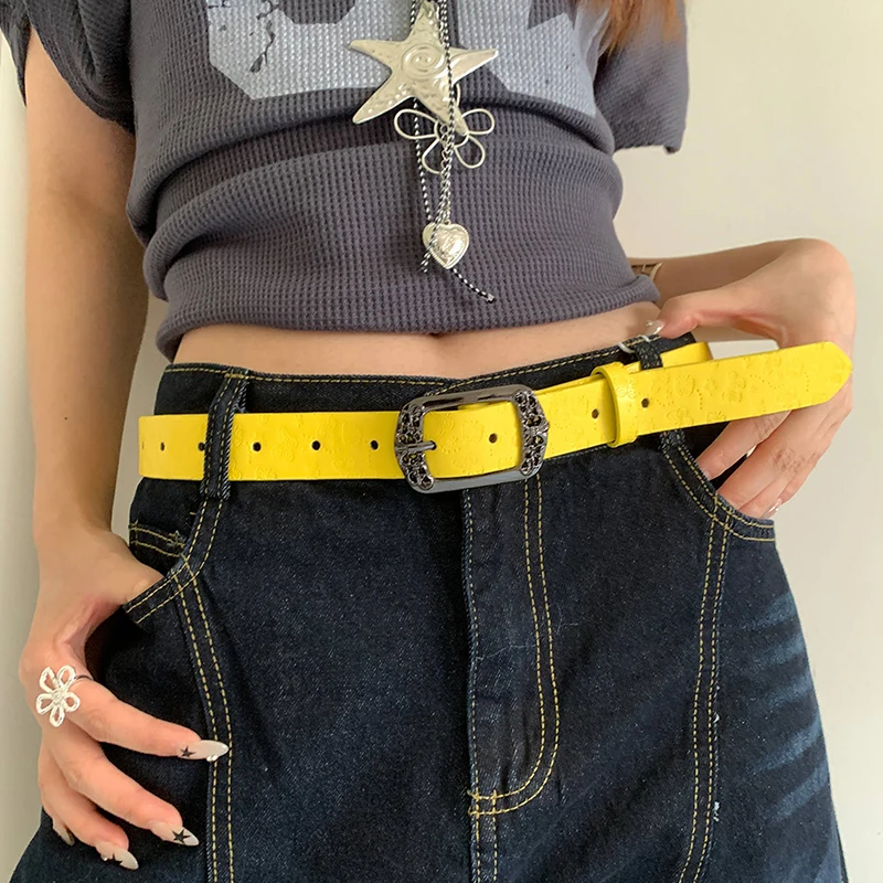 ฤดูร้อน Dopamine มะนาวสีเหลืองเข็มขัดผู้หญิงแนวโน้มเข็มขัด Subculture Y2K เข็มขัด Punch ฟรีเข็มขัด
