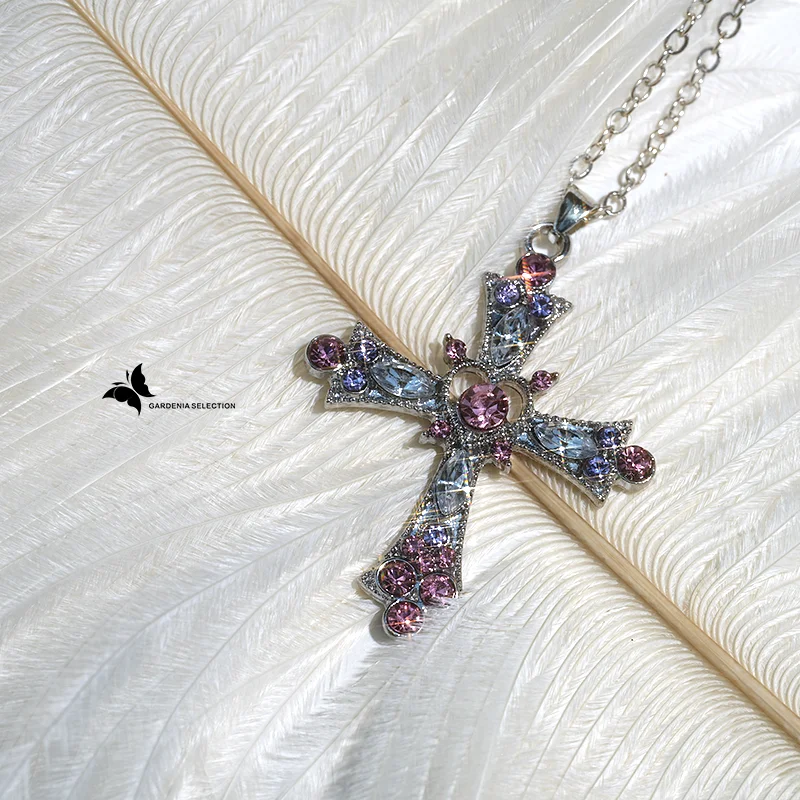 Gothic Style Pink Purple Zircon Cross Necklace Ladies Rhinestone Pendant Clavicle Chain Charm Party Jewelry Gifts
