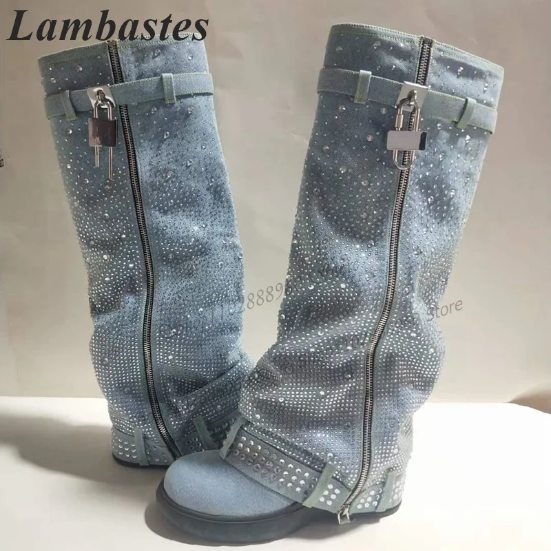 Knee High Blue Denim Crystal Zipper Lock Decor Shark Boots Wedges Heel Women Shoes Slip-On Round Toe 2023 Zapatos Para Mujere