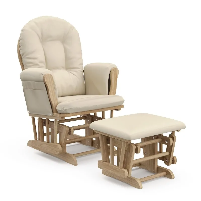 Premium Hoop Glider and Ottoman (Natural/Beige)  Rocking Motion, Easy to Assemble, Solid Hardwood Base