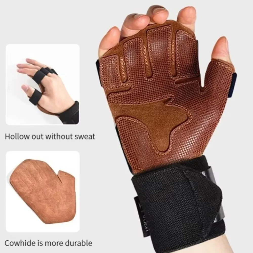 1 Pair Cowhide Weight Lifting Gloves Non-Slip Breathable Ventilated Gym Wristband Pull-up Four-finger Fitness Workout Gloves