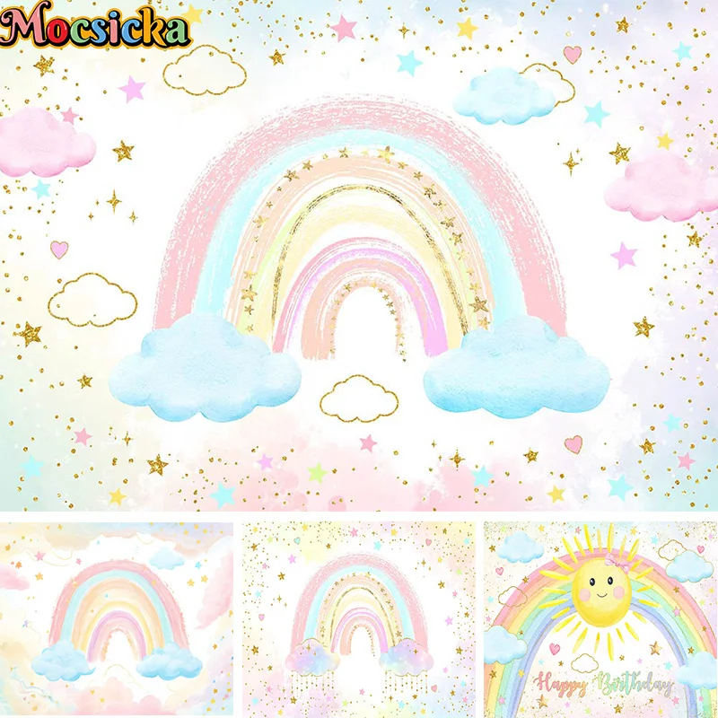 

Newborn Baby 1st Birthday Portrait Photo Backdrop Baby Shower Decoration Cartoon Rainbow Clouds Stars Photography Background