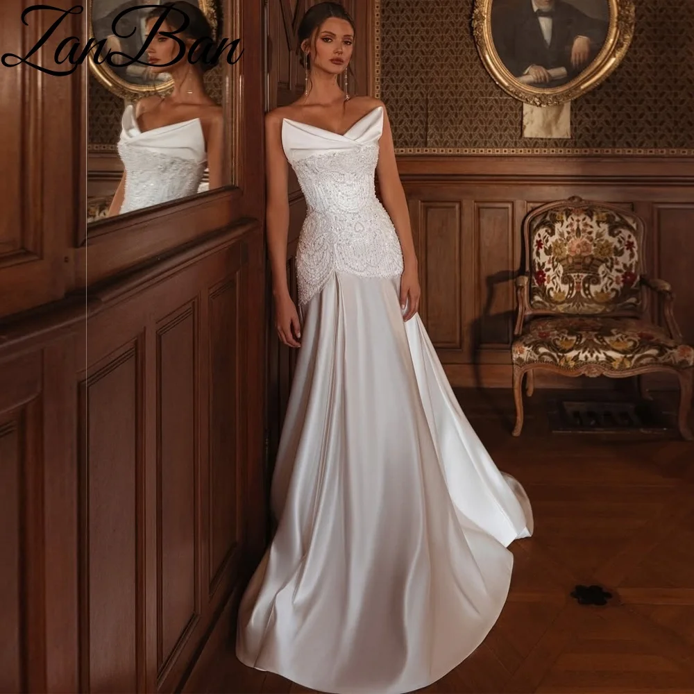 ZanBan Satin Pearls Beading Mermaid Wedding Dress Dazzling V Neckline Customized Bridal Gown Delicate Vintage Women Newest Wear