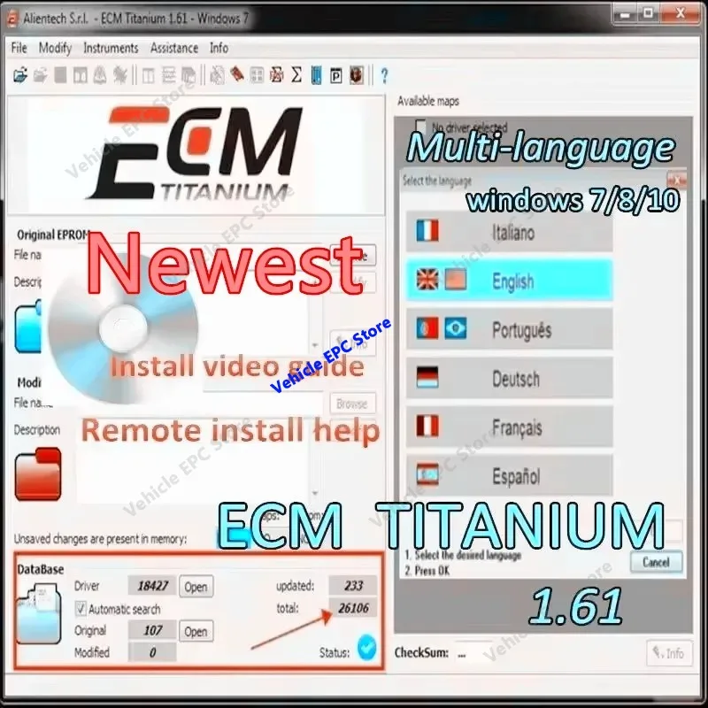 HOT ECM Titanium 1.61 2024 Release with 26,000+ Drivers Full ECU Tool with ECM 18,259+ Drivers Options for Link CD or USB Win 10