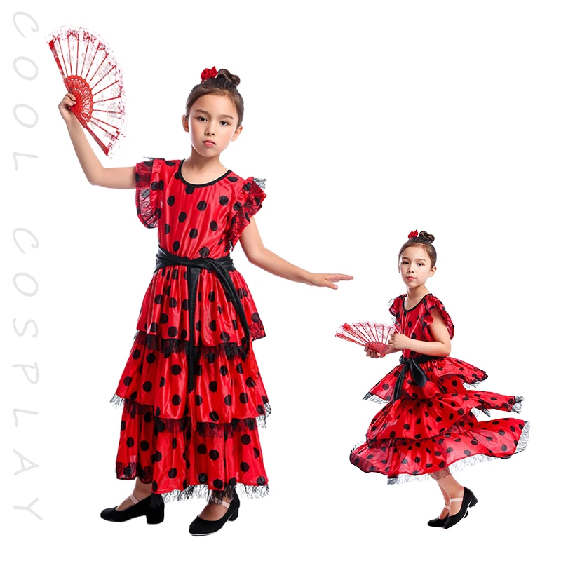 スペインの女の子のドレス カーニカルパーティー コスプレドレス 水玉模様のレース レイヤードフリルドレス フラメンコ衣装 女の子の仮装ドレス