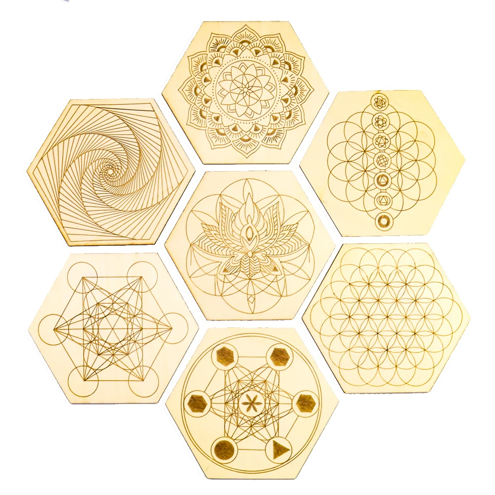 

5pcs Wood chakela Crystal Plate Energy Stone Stand Wooden Metatron Hexagon Yoga Meditation Crystal Support Flower of Life Board