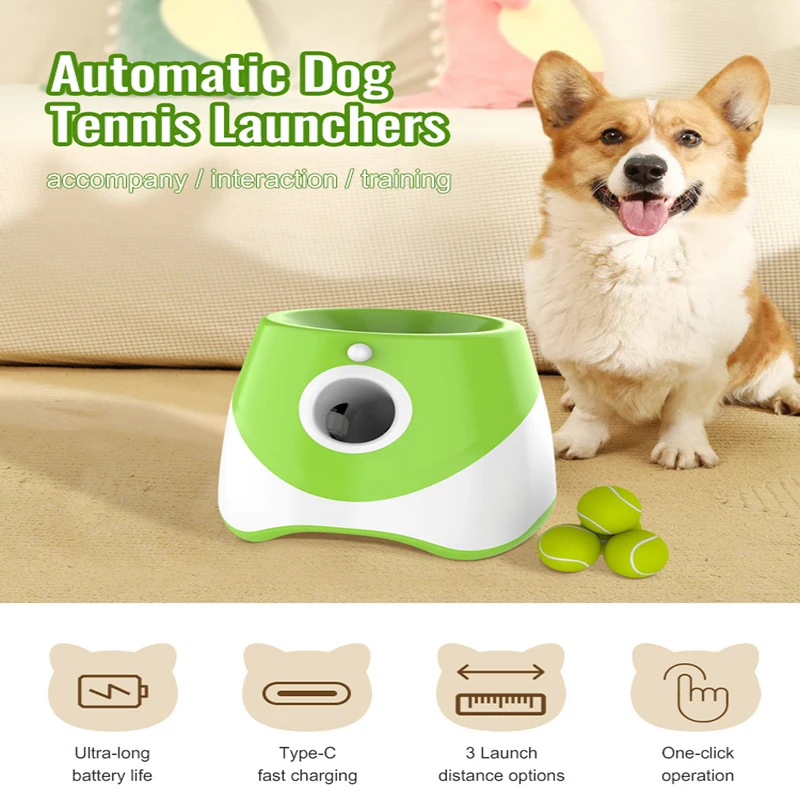 

Automatic Dog Tennis Launcher Outdoor Training Pet Interactive Toys Rechargeable Pinball Thrower 3/6/9M Section with 3 Balls