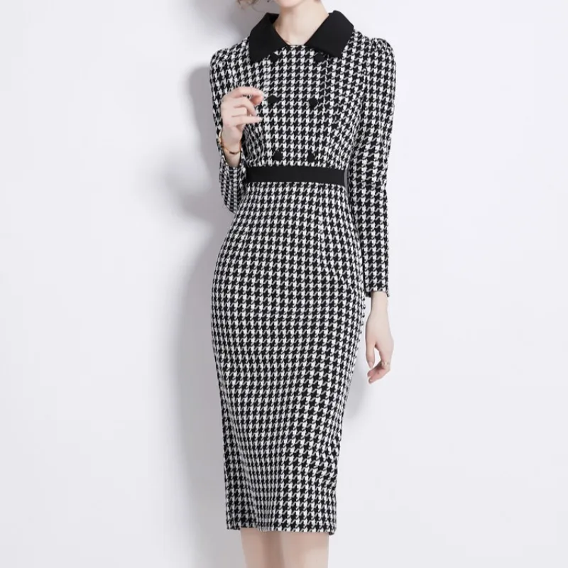 Chic Houndstooth Elegant Women Dress Long Sleeve Double Breasted Vintage Dresses Bodycon Streetwear Business Runaway Vestidos