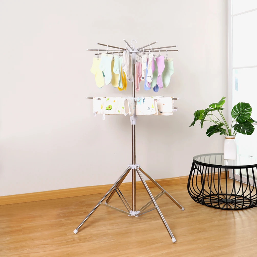 BAOYOUNI Foldable Bottom Plate Drying Rack Towel Rack With Clip Removable Clothes Drying Pole Home Indoor Balcony