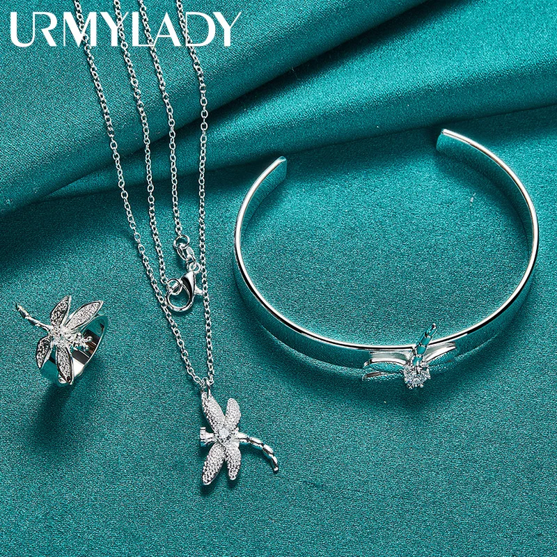 

URMYLADY 925 Sterling Silver Dragonfly Zircon Necklace Ring Bangle For Women Wedding Party Fashion Charm Jewelry Sets Gift