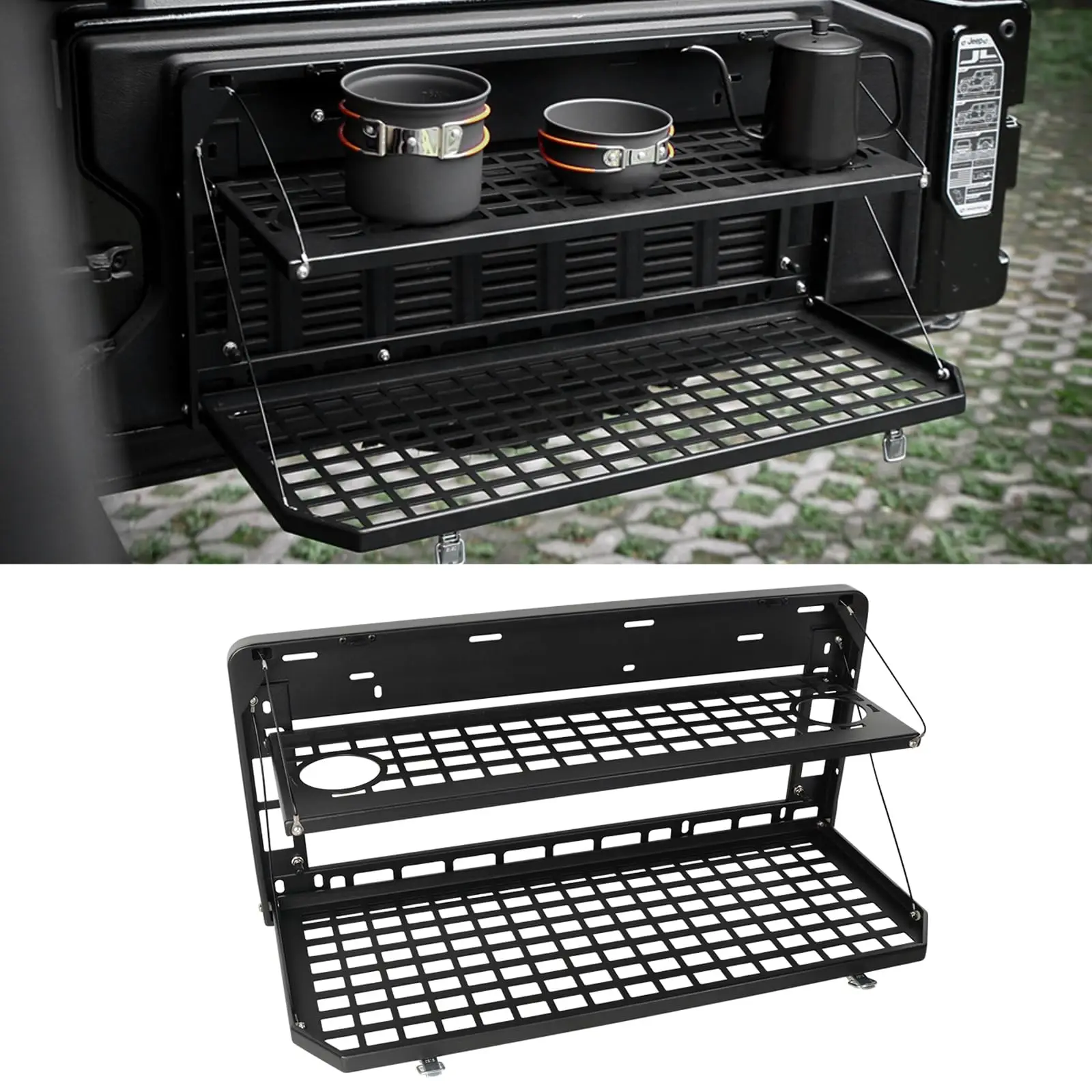 

Tactical Molle Panel Double Layer Tailgate Table Foldable Rear Cargo Shelf For Jeep Wrangler 2007-2018 JK JKU & 2018-2022 JL JLU