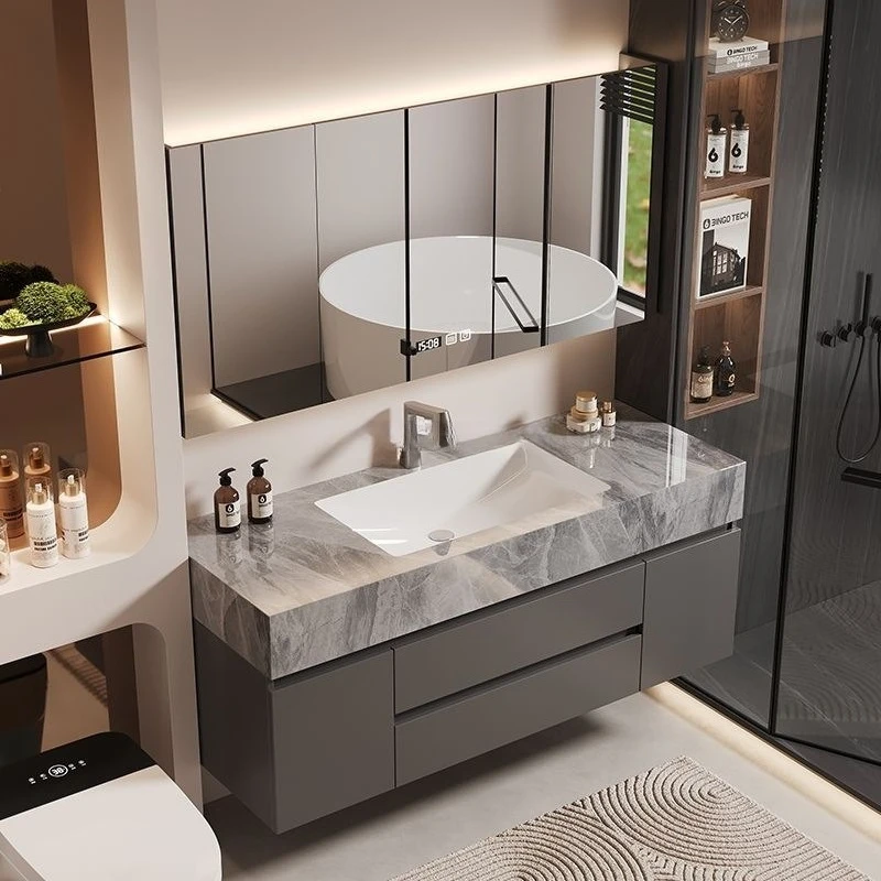 Seamless rock slab ceramic integrated basin bathroom cabinet combined toilet
