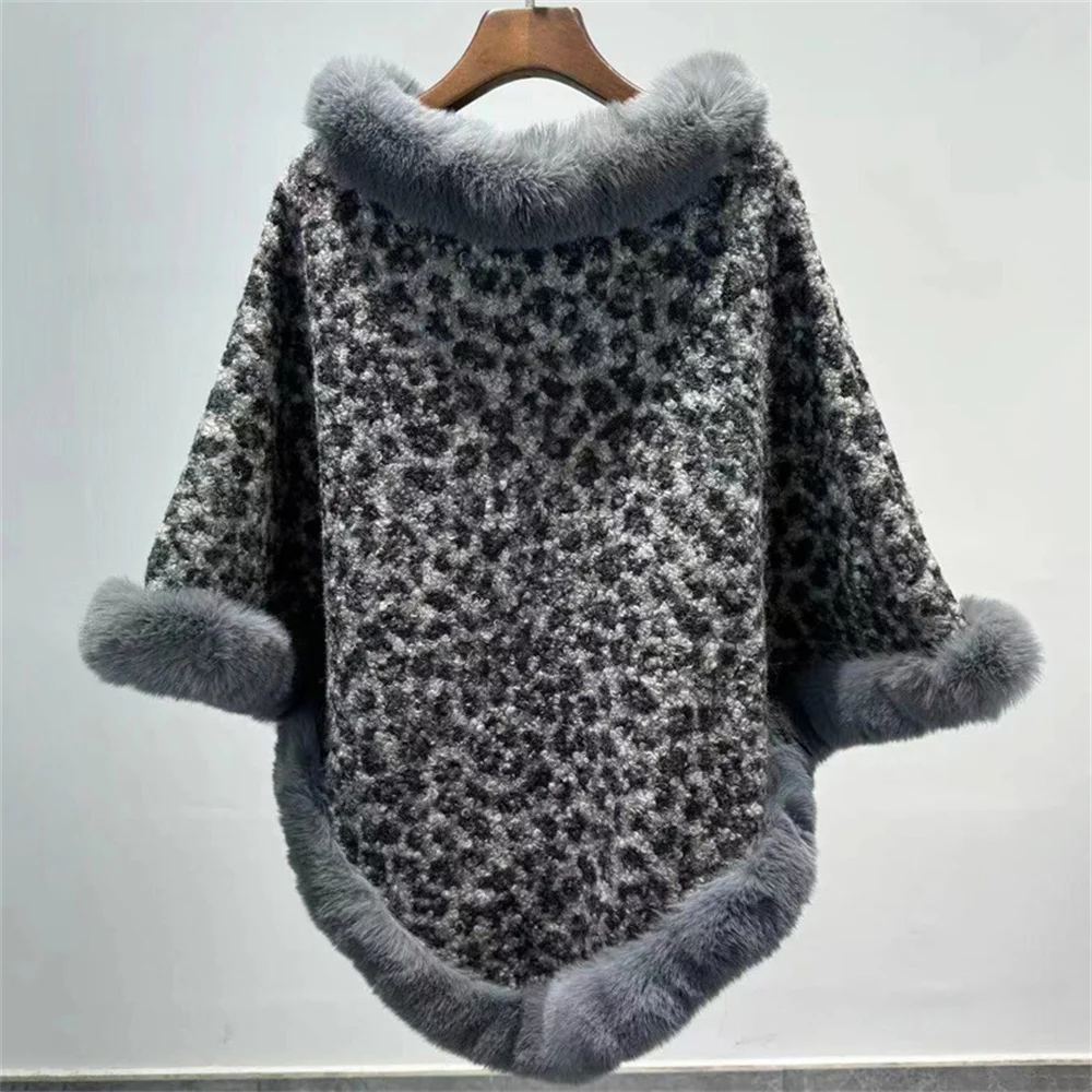 2024 leopardo o-collo velluto granulare sciolto donna inverno pelliccia sintetica mantello manica a pipistrello moda lavorato a maglia mantello