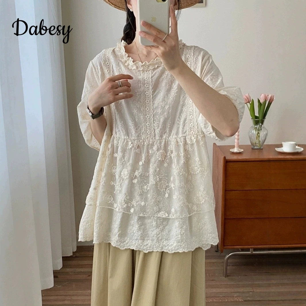 

Sweet Mori Style Lolita Shirt Women Summer Japanese Style Vintage Embroidery Peter Pan Collar White Blouses Kawaii Loose Tops