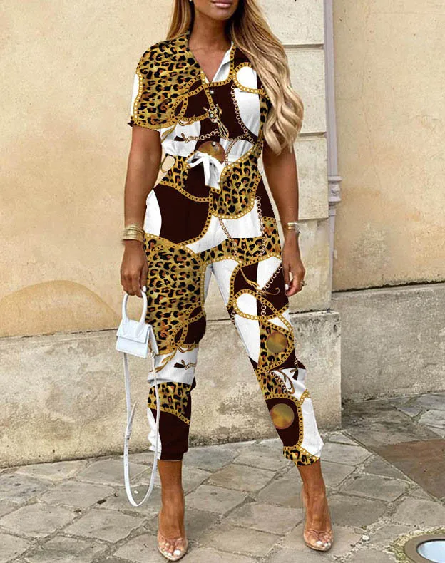 2024 Spring Summer Women's Slim Short Sleeves Jumpsuits Fashion Turn-down Collar High Waist Leace-up Printed Playsuit Streetwear