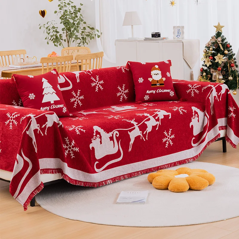 Christmas Chenille Sofa Blanket Santa Deer Printed Sofa Towel Universal Full Cover Dust-proof Anti-scratch L Couch Slipcover