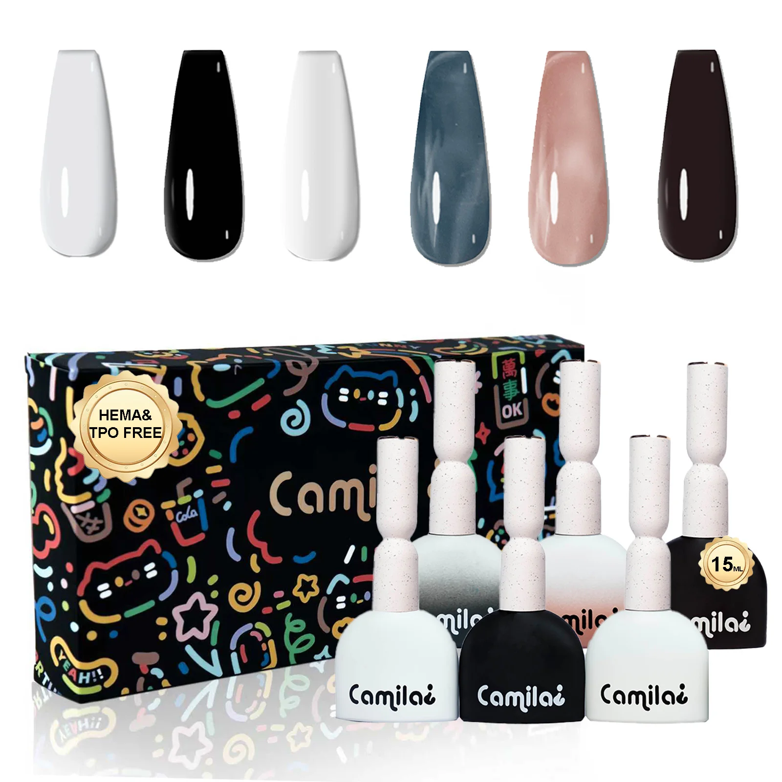 カミラ-6個入り-15ml-hema-tpoフリー-ブラック＆ホワイト-ジェルネイルポリッシュキット-ソークオフジェルポリッシュ-マニキュアサロン-女性用-nセット