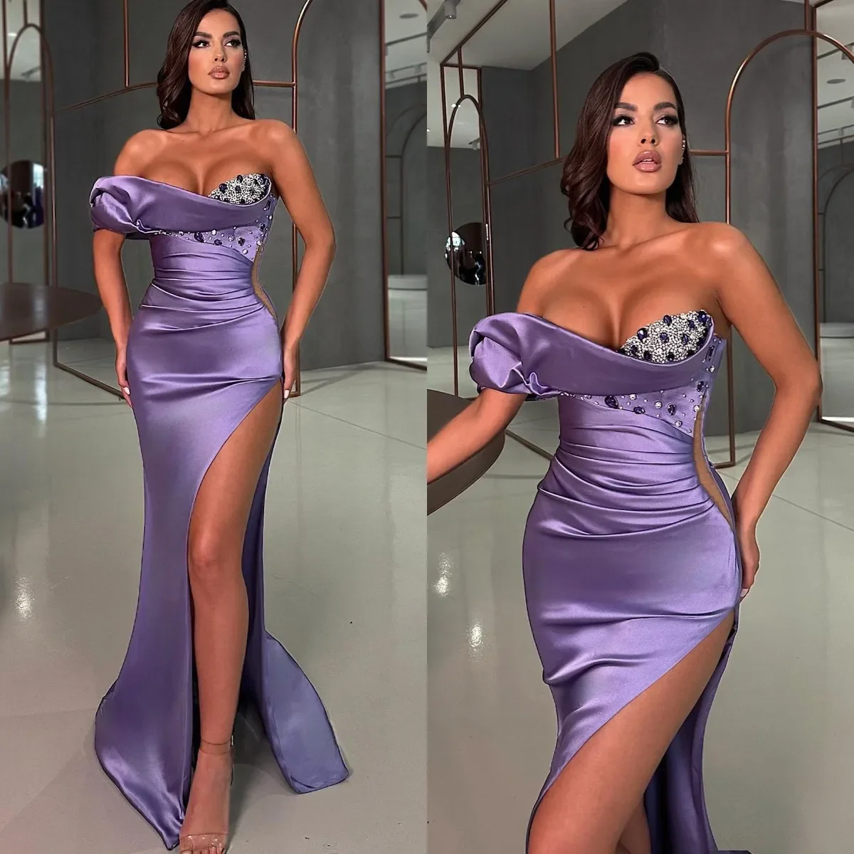 Sexy Mermaid Evening dress with crystal beaded lower shoulder bead pleats formal party red carpet special occasion ball dress