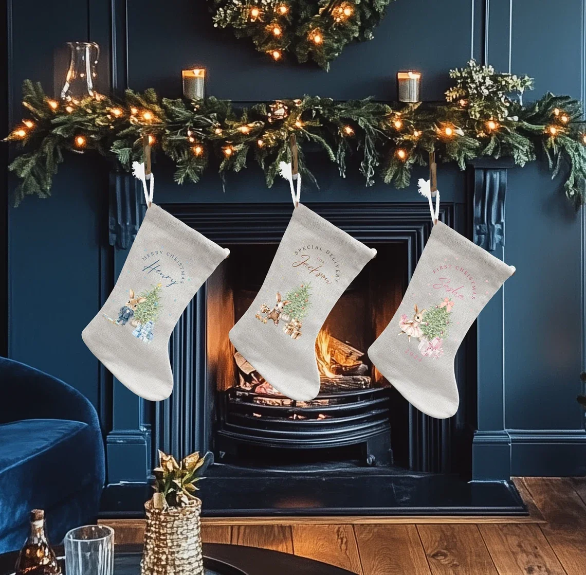 Personalisierter Name 1. Weihnachtsstrumpf, Baby-Geschenk, Weihnachtssack, erste Weihnachtsgeschenke des Babys, neues Baby-Häschen-Strumpf-Geschenk