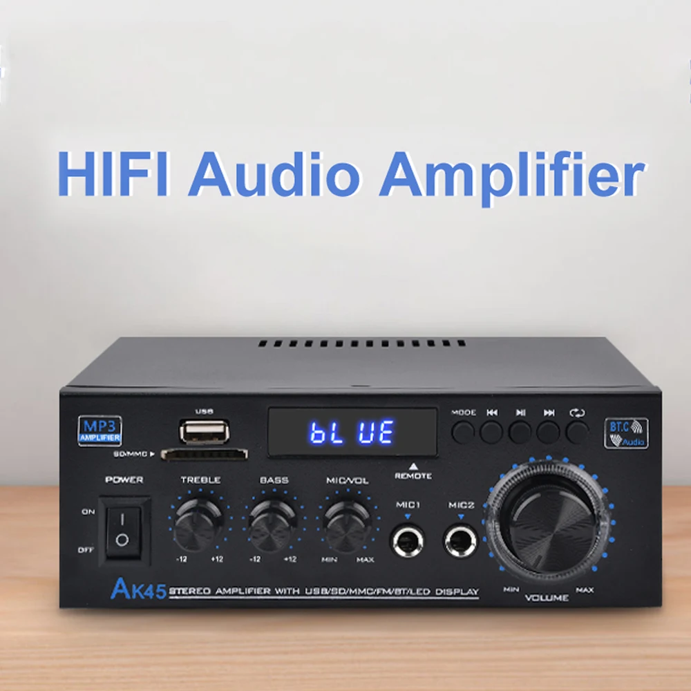 AK45 HiFi Digital Amplifier Bluetooth 5.0 MP3 Channel 2.0 Sound AMP Support 90V-240V for Home Car MAX 180W FM Bass Speaker