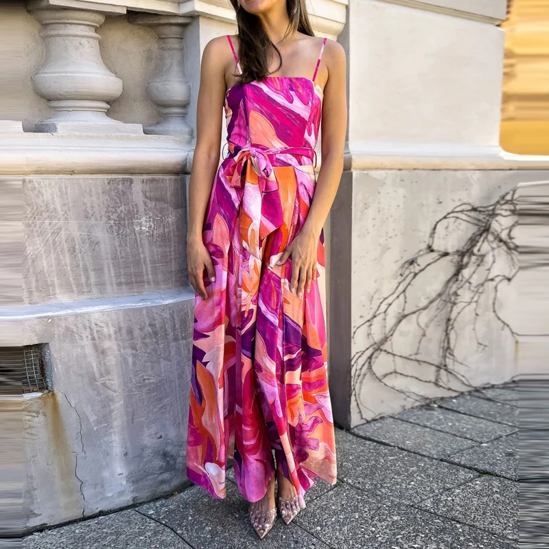 

Sexy Off Shoulder Tie-Up Bohe Jumpsuit Lady Elegant Sleeveless Waist Long Romper Fashion Pattern Print Split Suspenders Playsuit