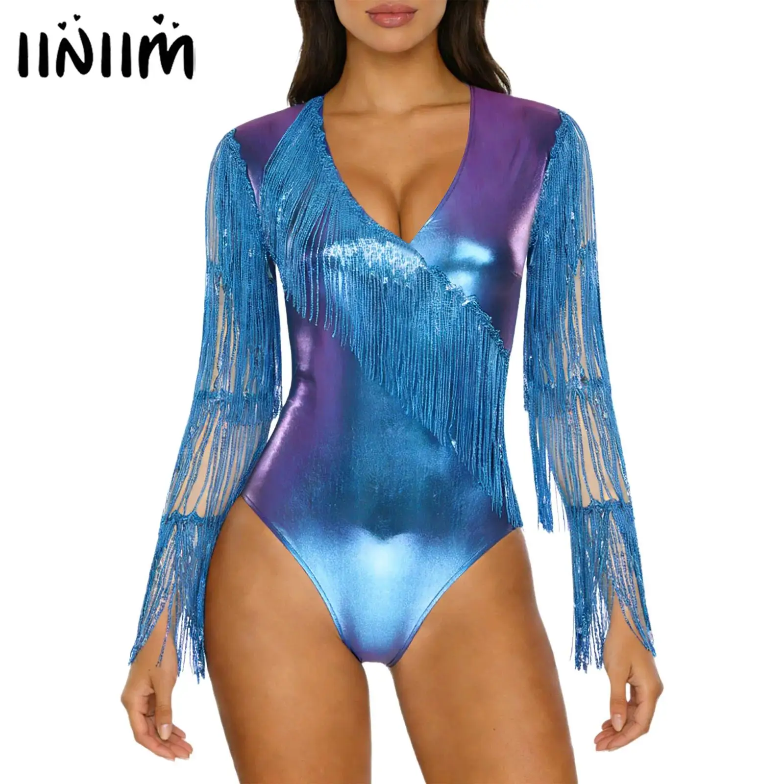 

Женский металлический блестящий костюм для выступлений в стиле джаз и хип-хоп, многослойный боди с пайетками и бахромой, сетчатый комбинезон с длинными рукавами