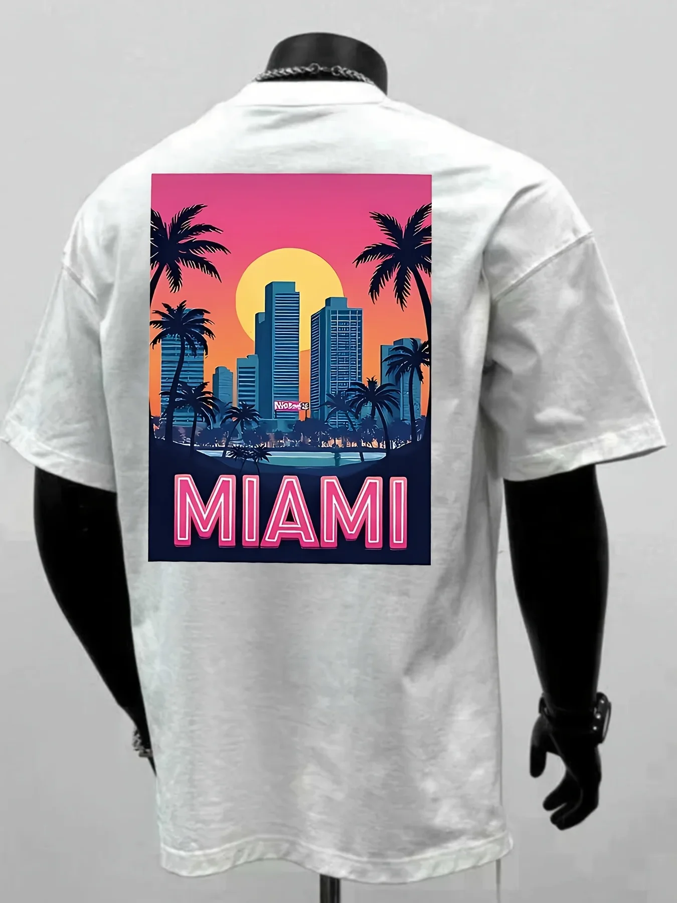 Men Front‑Back Miami Palm Tree Sunset City Landscape Graphic O‑neck White Short Sleeve T‑shirt Loose Unisex Vacation Street Tops