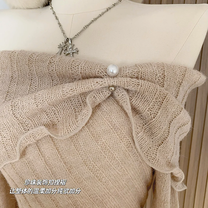 Y2K Sexy Off-the-shoulder Knit Sweater Women Korean Fashion Sweet Autumn And Winter Women\'s Aesthetic Pullover Sweater