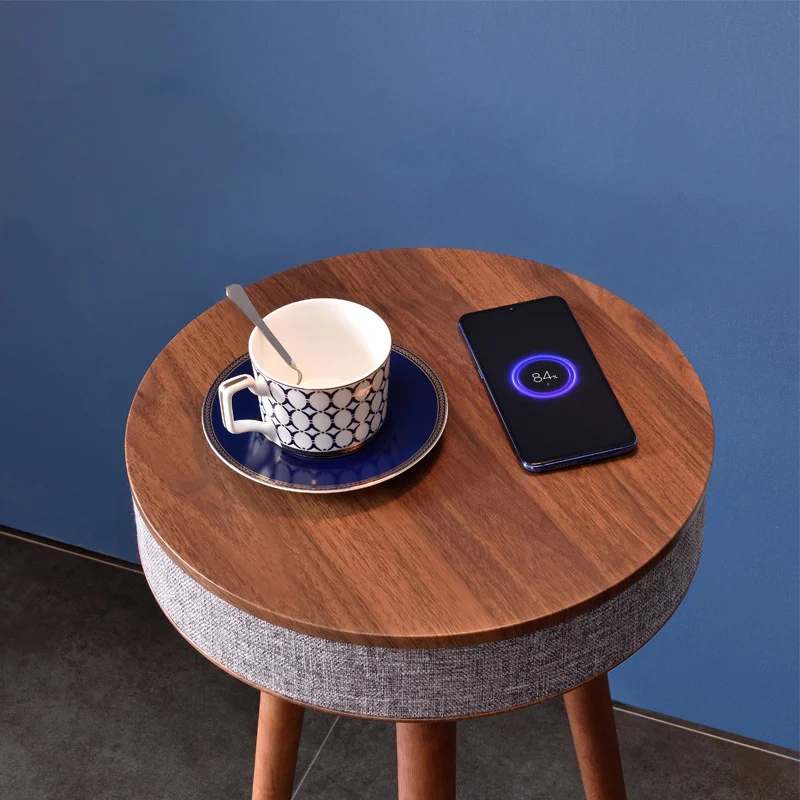 Nordic Style Round Coffee Table with HIFI Bluetooth Speaker Living Room Smart Side Table with Stereo Audio Wireless Charging