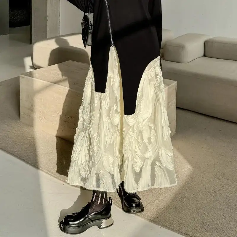Women Skirts A Line Mesh Spliced Long Skirt Solid Elastic Waist Casual Streetwear Lady Elegant Slight Strech Autumn 2025
