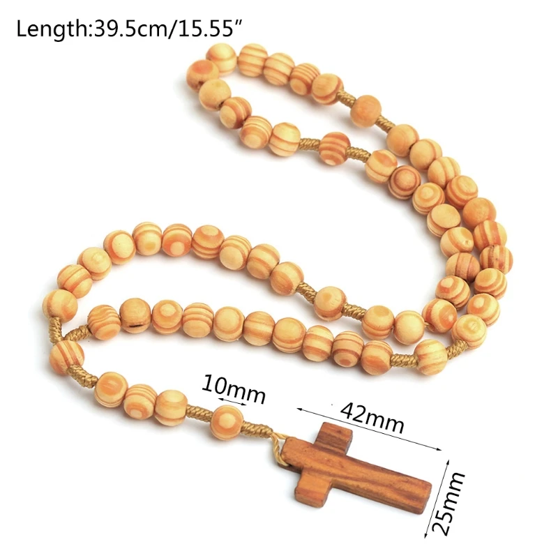 XX9B Wooden Grain Beads Jesus Cross Rosary Necklace Carved Rosary Pendant Christian Jewelry Necklace Harajuku Style Punk