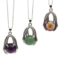 Natural Pink Quartz Amethyst Tiger Eye Round Bead Ball Dragon Claw Hold Pendants For Women Men Jewelry Necklace Gifts Wholesale