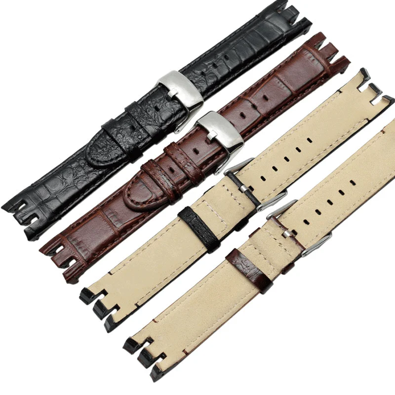 21mm For Swatch Watch Genuine Leather Strap YRS403 401 402G 412 418 406G Cowhide 21mm Bracelet Special Curved Steel Strap Band