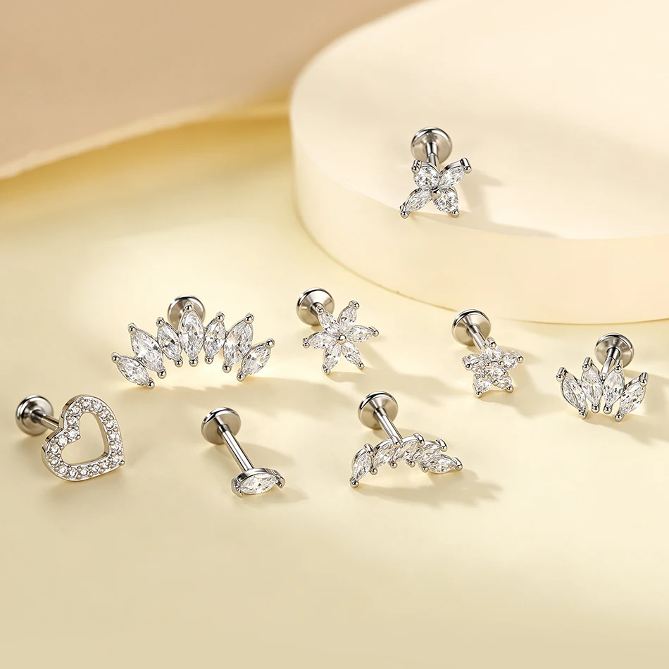 1PC Flower Heart Zircon Tragus Piercing Stud Earring for Women Internally Threaded Ear Cartilage Helix Jewelry