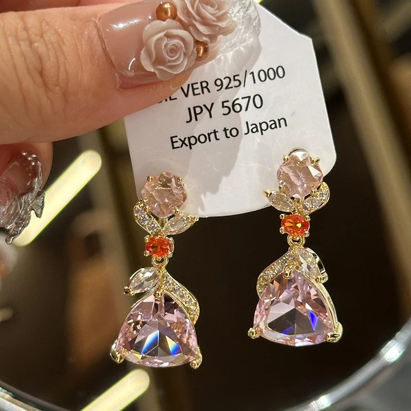 

Triangle pink pendant flower earrings simple new sweet zircon summer romance stud earrings