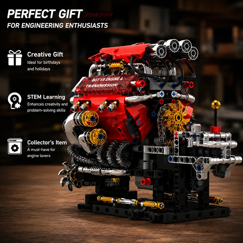 800+pcs V8 Engine Motorized Simulation DIY Brick Model Electrically Drive Building Blocks Super Car Parts Technical Toys Gifts