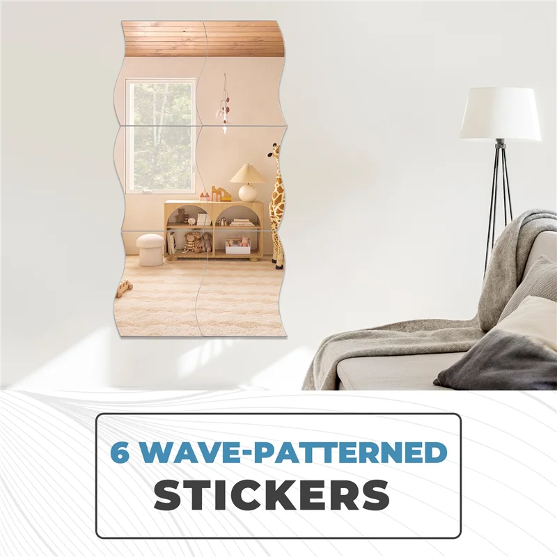 6Pcs Mirror Wall Wall Style Square Sticker With Pattern Of Silver Waves Nursery Decoration