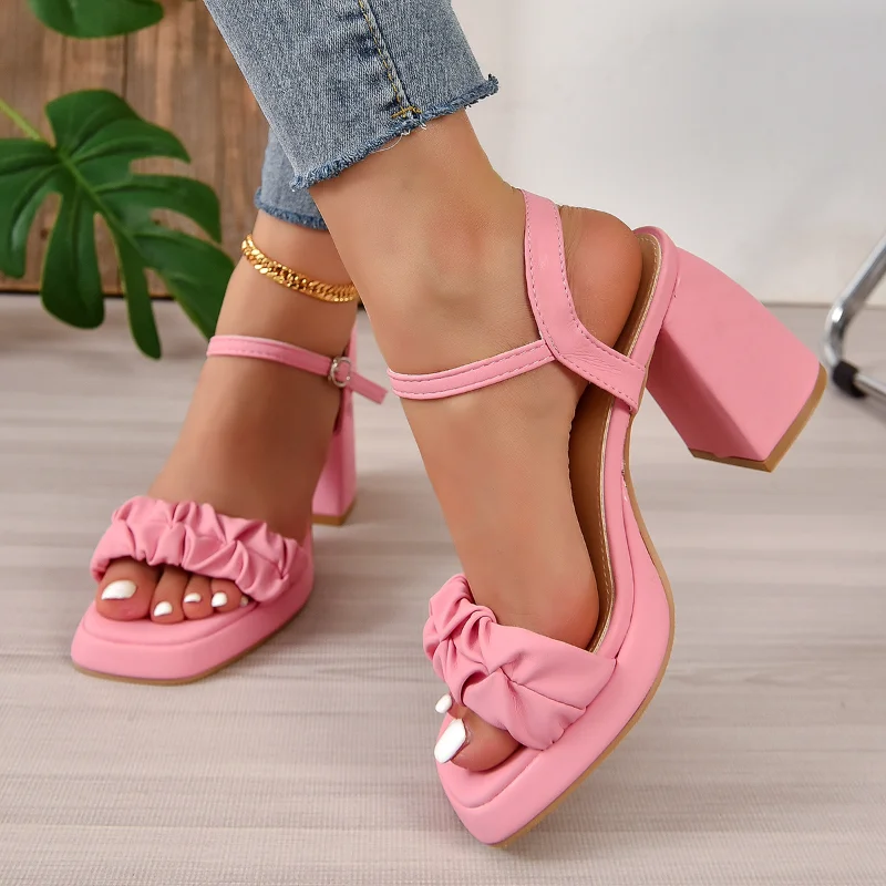 Women's High Heels Fashion Pleated Square Toe Open Toe Super High Heel Sandals All-match Hollow Out Sexy Party High Heels Mujer