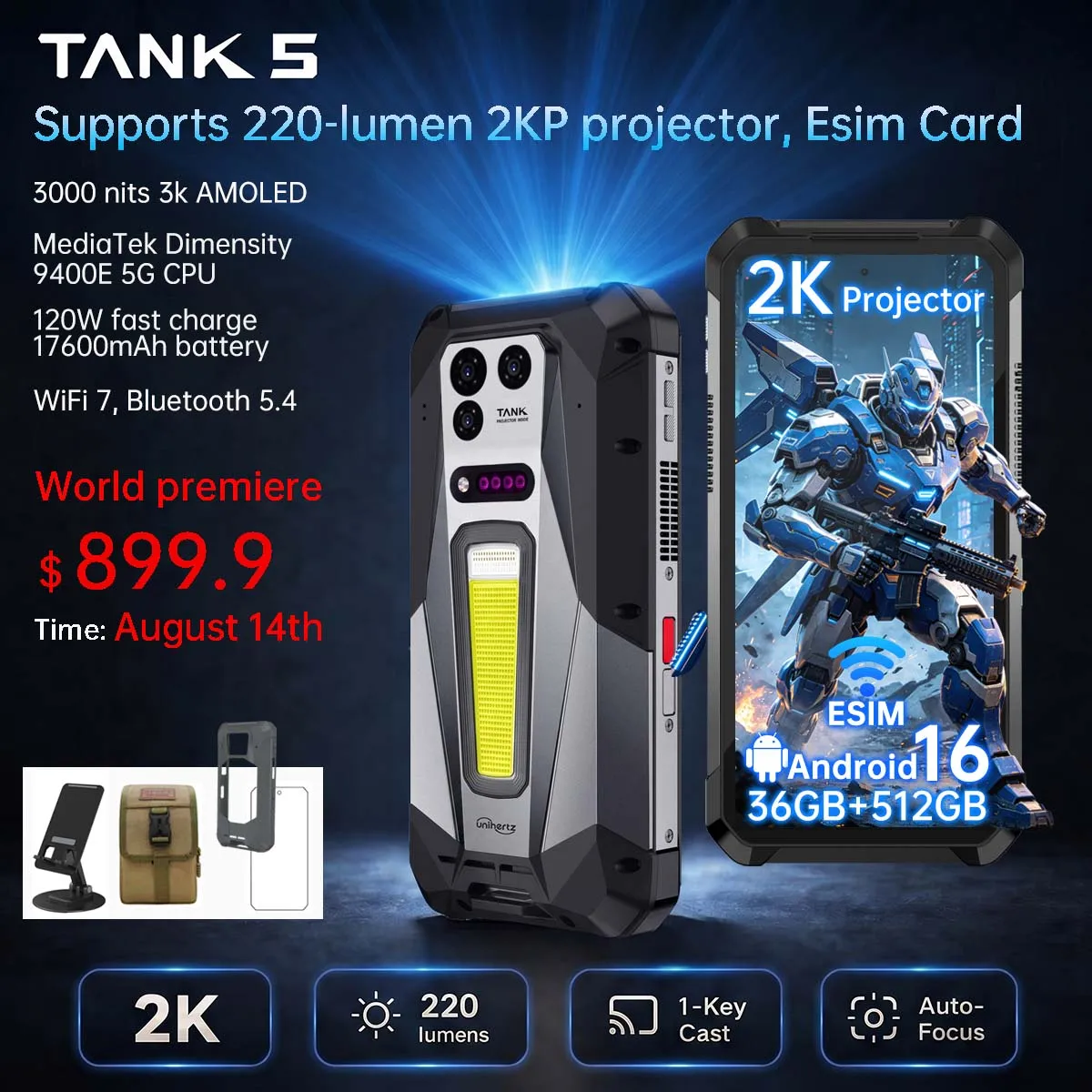 Unihertz 8849 TANK 5 Rugged 5G Smartphone with 2K Projector 9400e CPU 3K AMOLED 17600mAh 18+512GB Support eSIM WiFi 7 Android 16
