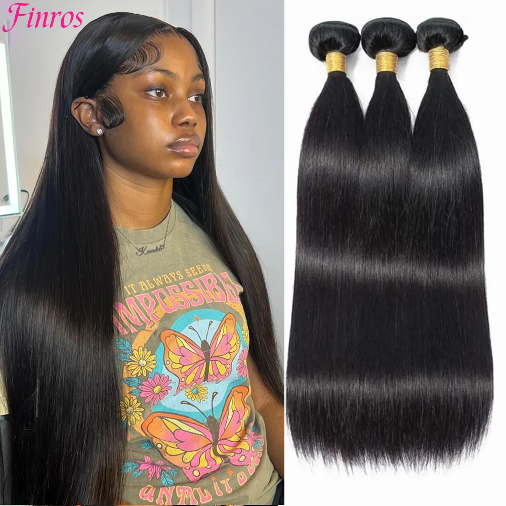 

Прямые пучки Finros Bone, наращивание человеческих волос, необработанные, необработанные, 100% 1, 3, 4, пучки бразильских волос с двойным утком