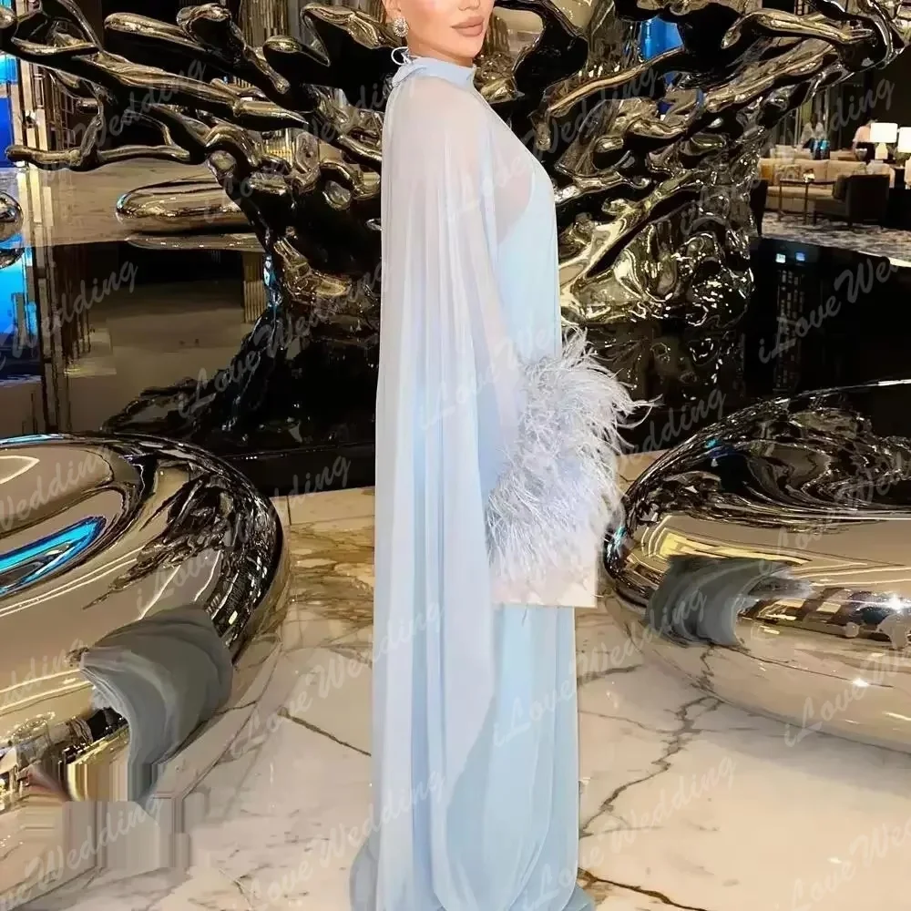 Robe de bal élégante en mousseline de soie, col haut, manches longues avec plumes, robe de soirée formelle pour mariage, robe de soirée saoudienne personnalisée
