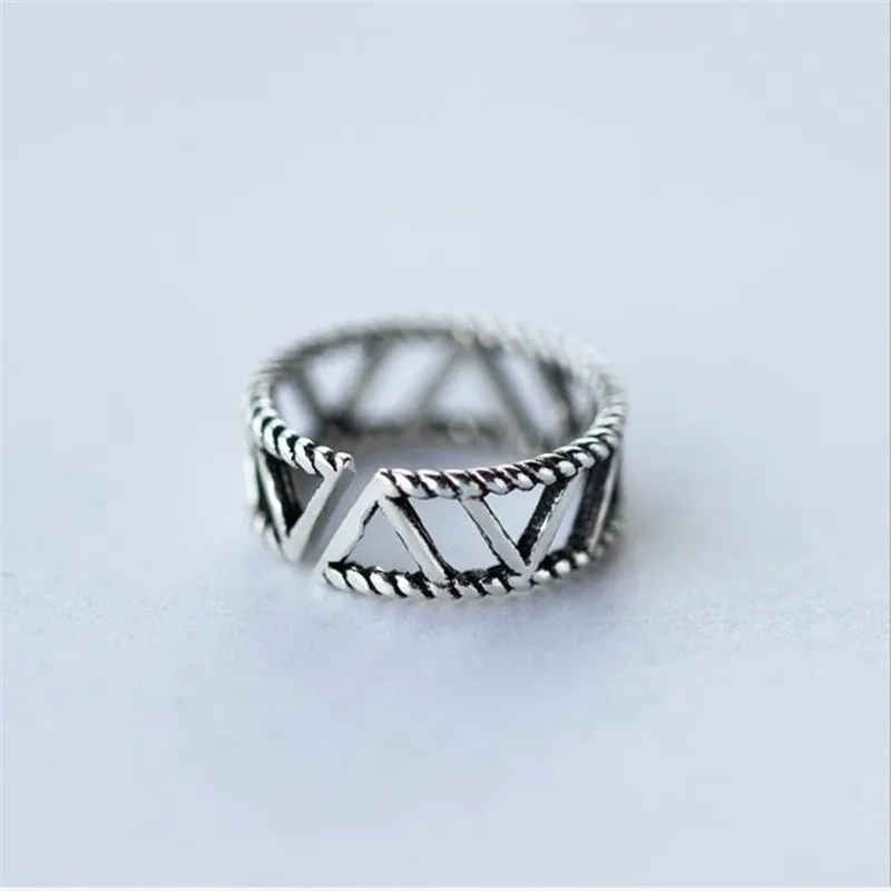 New Thai Silver Jewelry Retro Hollow Double Geometric 925 Sterling Silver Triangle Women Simple Opening Rings R252